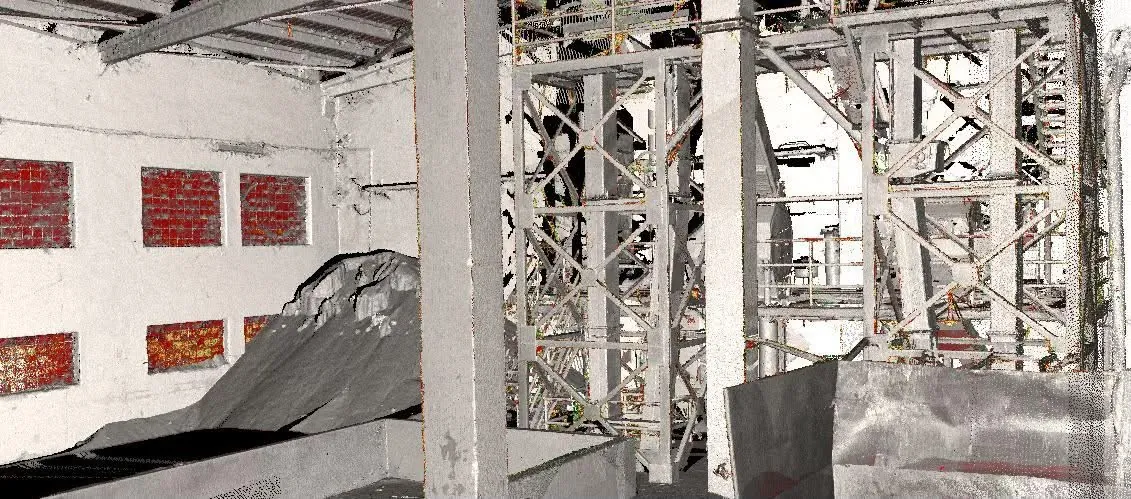 Industrial hall, Iași — Point cloud — interior, steel structures and equipment in operation