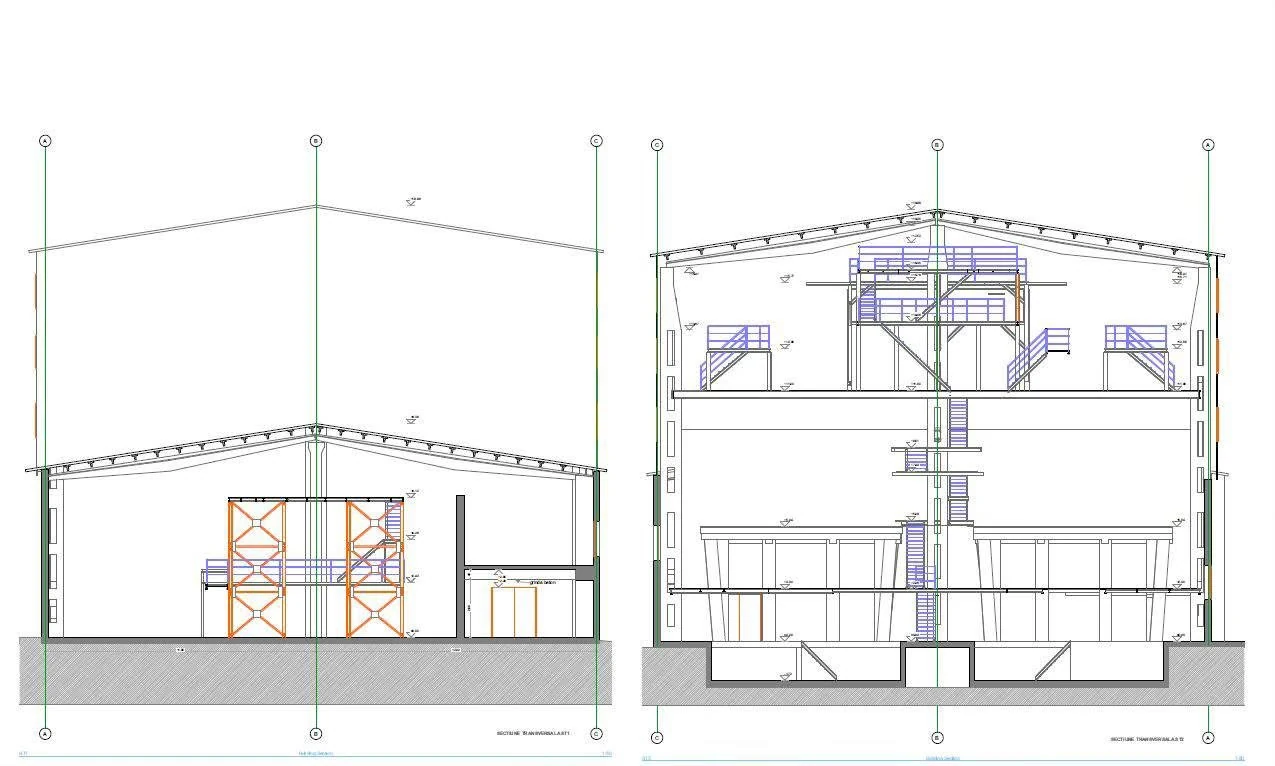 Cross sections through an industrial hall in Iași, from 3D laser scanning
