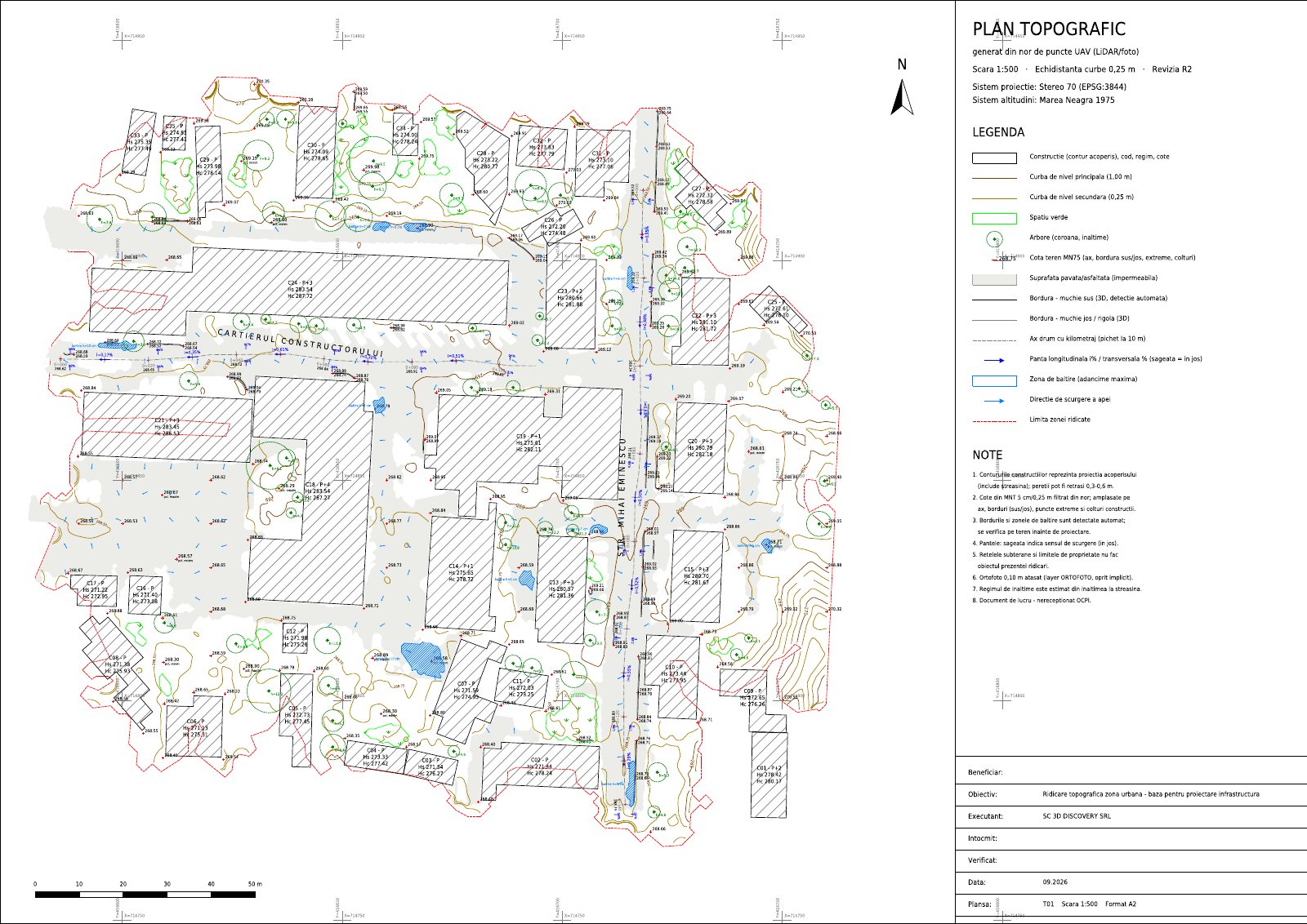 Exemplu de plan topografic UAV, planșă A2 cu cote și curbe de nivel — document de lucru R2