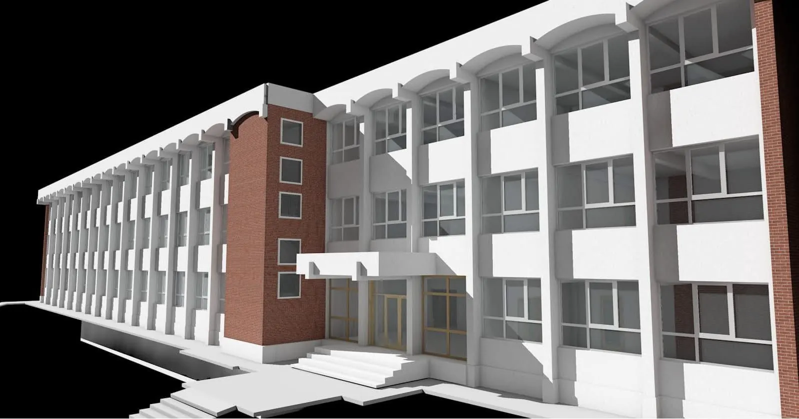 Ion Pillat Secondary School, Pitești — 3D model — main façade and entrance