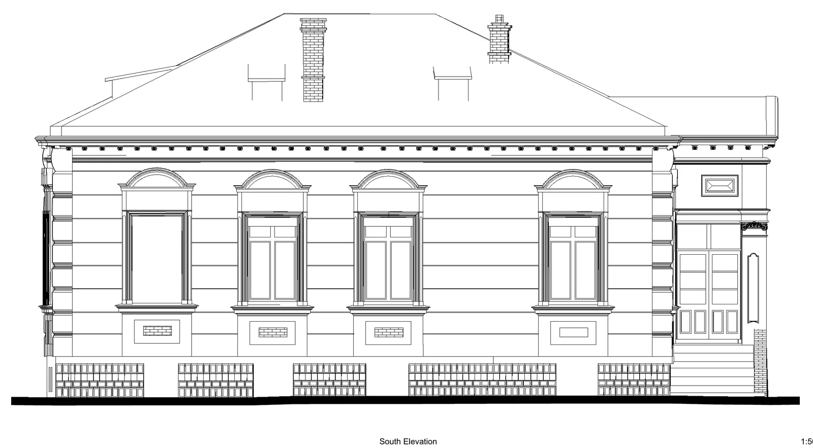 19th-century villa, Giurgiu — Survey — South elevation, scale 1:50