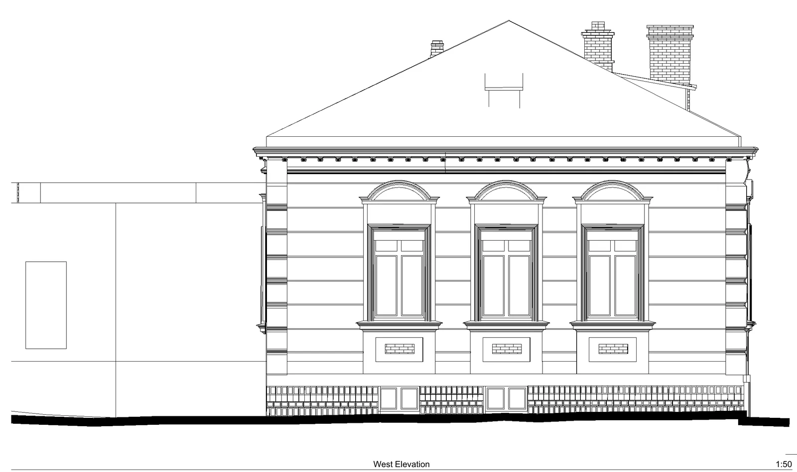 19th-century villa, Giurgiu — Survey — West elevation, scale 1:50