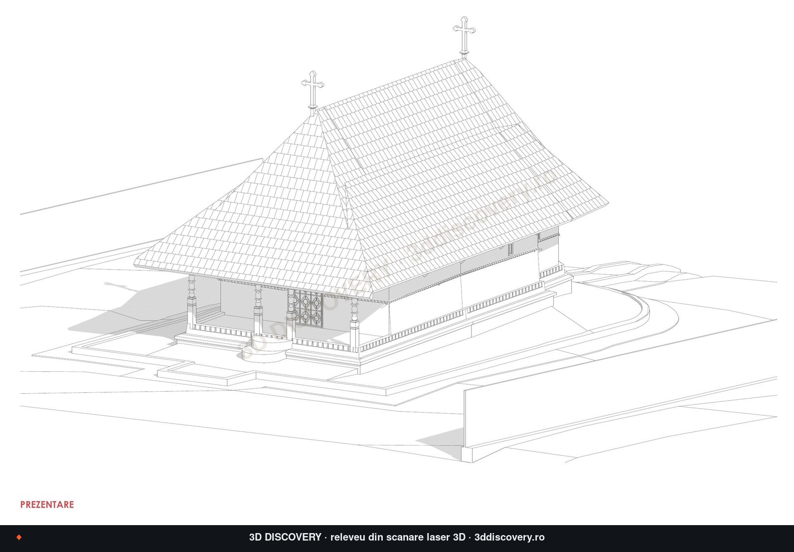 Dintr-un Lemn Monastery, the wooden church: axonometric view from 3D laser scanning