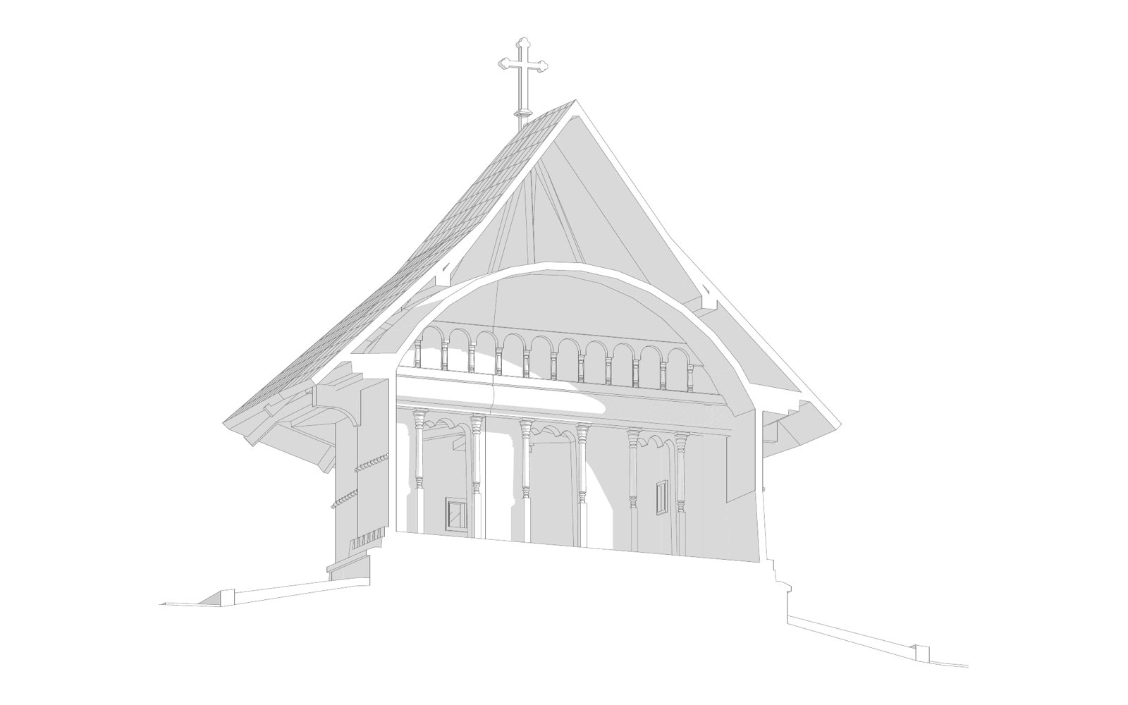 Biserica de lemn, Mănăstirea Dintr-un Lemn — Secțiune 3D prin pridvor și naos