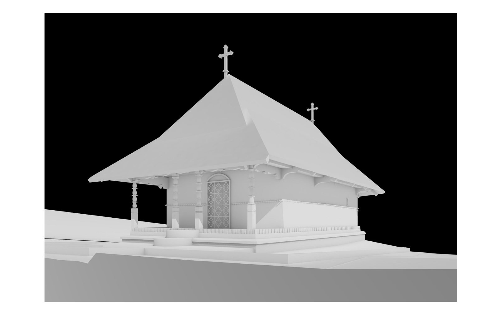 Biserica de lemn, Mănăstirea Dintr-un Lemn — Randare, vedere cu pridvorul