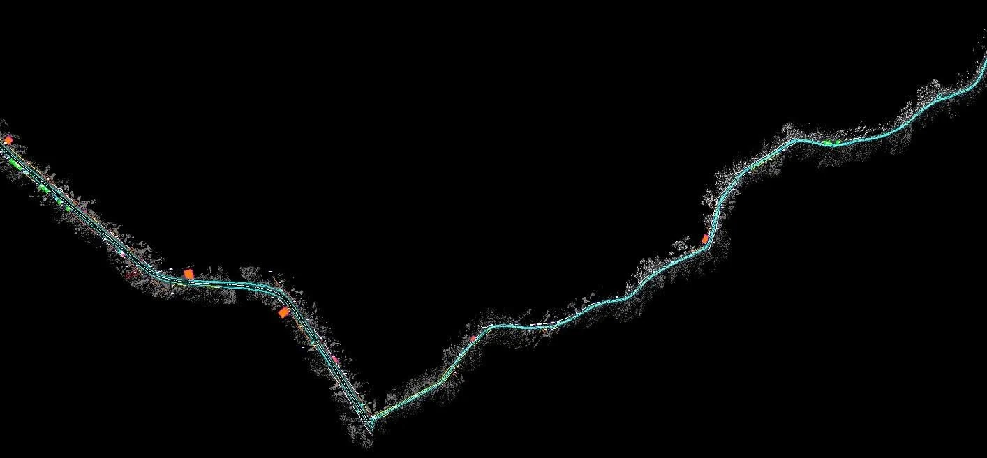 DN 7A Brezoi – Obârșia Lotrului, mobile mapping — Nor de puncte și linii 2D extrase pe traseu