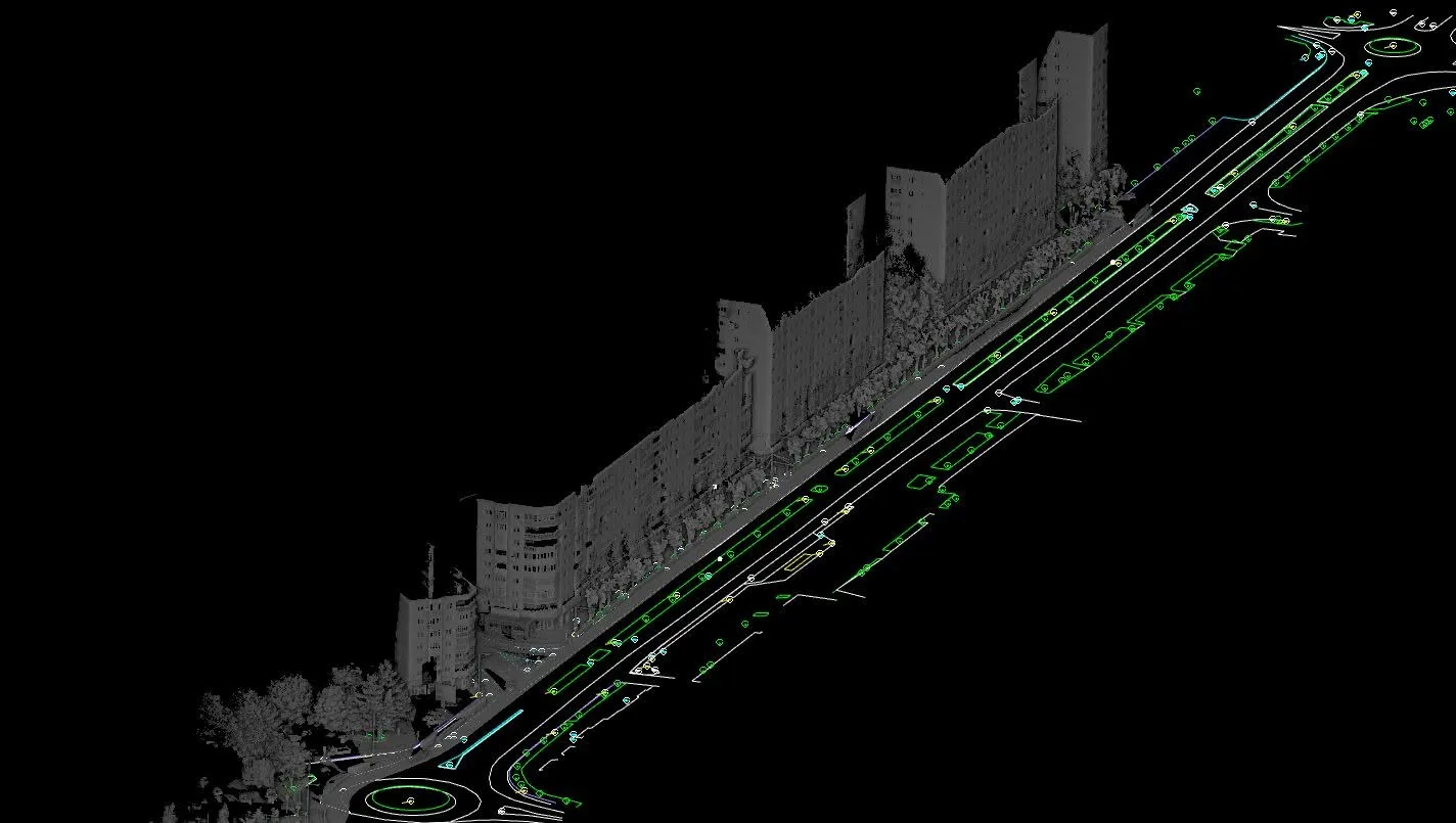 Mobile mapping LiDAR 3D Discovery — Bulevard: nor de puncte cu elementele extrase în plan