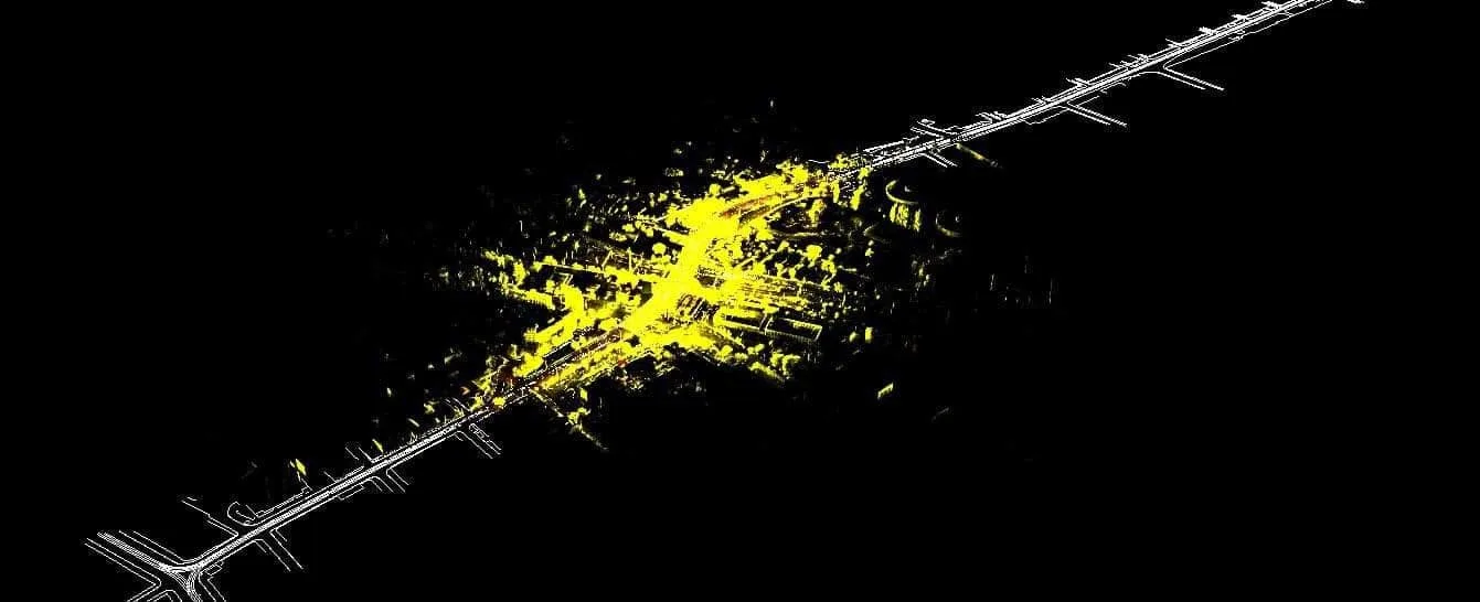 Mobile mapping LiDAR 3D Discovery — Traseu prin localitate: nor de puncte și axe extrase