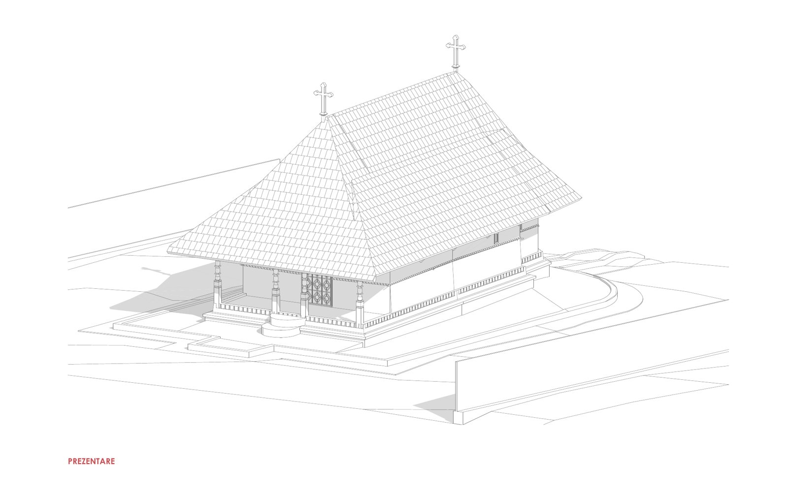 Axonometric view from the survey of the wooden church, Dintr-un Lemn Monastery
