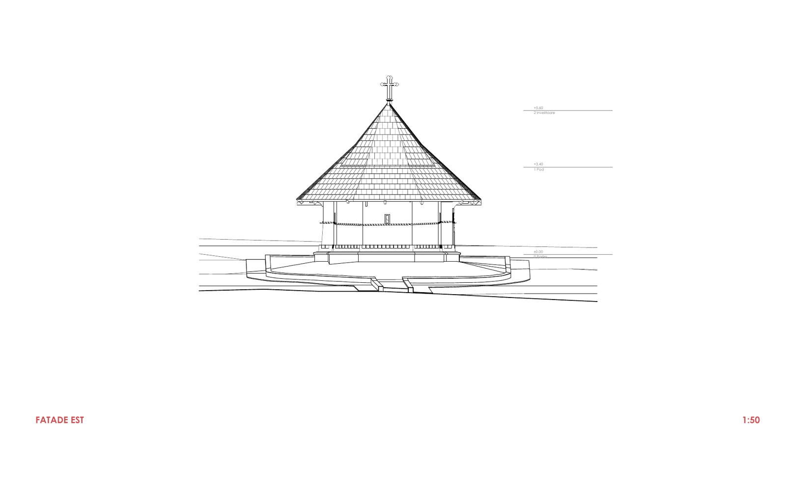 East elevation of the wooden church, Dintr-un Lemn Monastery, 1:50